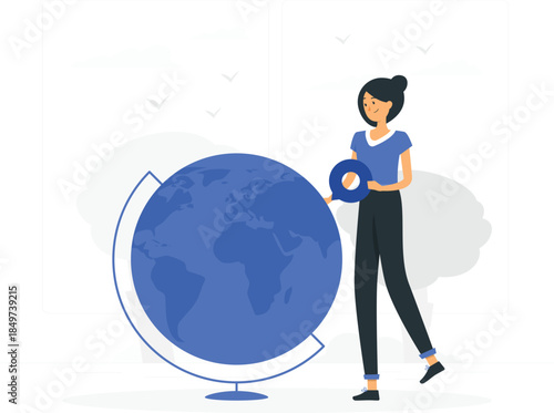Woman holding speech bubble standing next to blue globe cartoon de