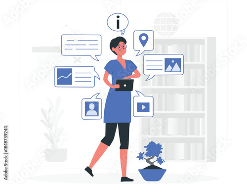 Woman holding tablet with floating around her speech bubbles bookshelf plant de