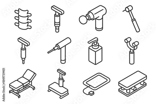 Chiropractic tools and equipment icons including adjustment table, vibrating massager, lotion bottle.