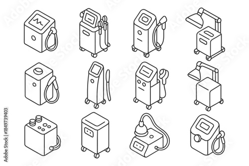 Line art illustration of medical devices for skin and hair treatments.