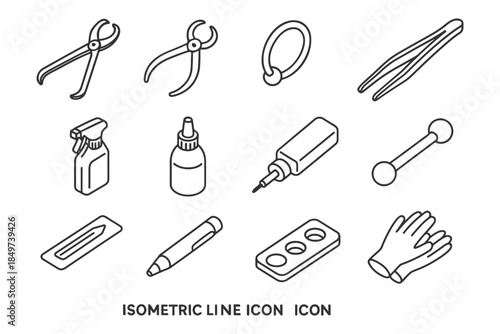 Isometric line icons: tools and accessories collection.