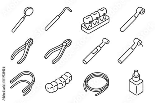 Dental tools set: mirror, scaler, teeth, forceps, drill in line art.