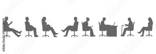 Minimal CAD of seated silhouette humans side view. Student, office worker, elderly, casual adult, tech user, bag carrier, relaxed sitter, upright posture. Vector illustration