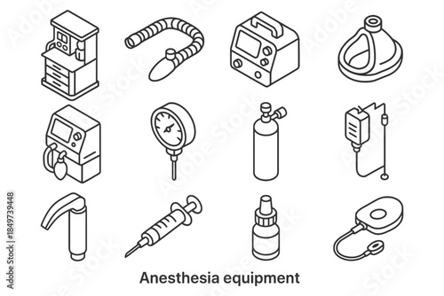 Various anesthesia equipment line art illustration.
