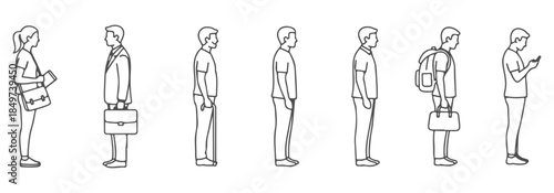 Minimal CAD side view of standing characters. Student, office worker, elderly, casual adult, backpack, handbag. Vector illustration