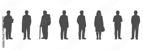 Minimal top view CAD drawing of diverse standing characters silhouette. Student, office worker, elderly person, casual adult, backpack, handbag, tech device, neutral stance. Vector illustration