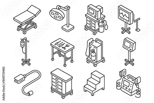 Isometric medical equipment icons: hospital bed, iv stand, monitor, surgical tools, oxygen tank.