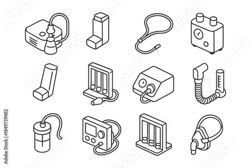 Medical respiratory devices icons collection in isometric design.