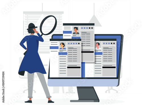 Woman in blue dress looking at resumes on computer screen with magnifying glass