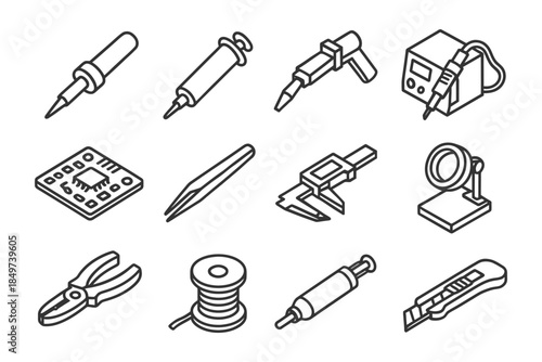 Outline icons of soldering tools and equipment for electronics repair.