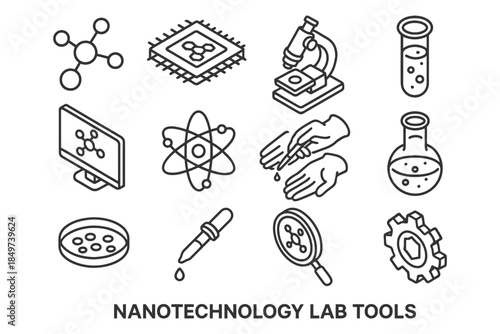 Nanotechnology lab tools illustration with molecular and experimental equipment icons.
