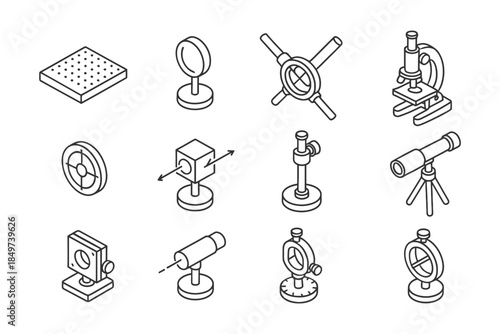 Isometric icons of various scientific instruments and optics for laboratory use.