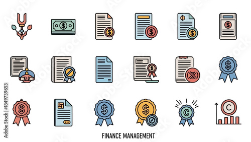A collection of finance management icons including money, documents, coins, and award ribbons, illustrating various aspects of financial operations.