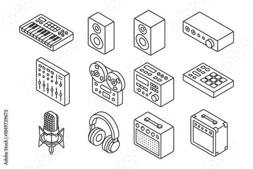 Isometric audio equipment collection: mixers, speakers, recorders, and more.