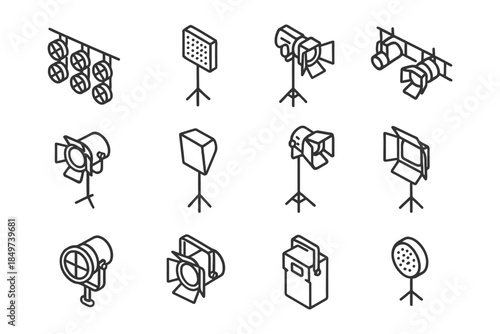 Set of 12 outline stage lighting equipment icons.