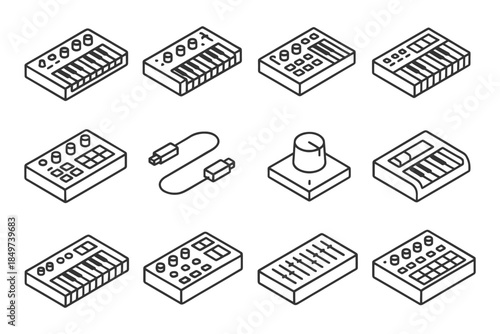 Outline icons of music production equipment including synthesizers and drum machines.