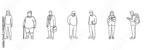 Top view CAD of different standing humans. Tall, short, elderly, office worker, student, casual wear, tech user, backpack figure. Vector illustration