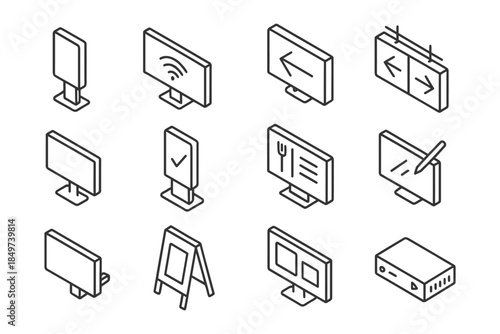 Isometric icons of digital and interactive signs and screens.