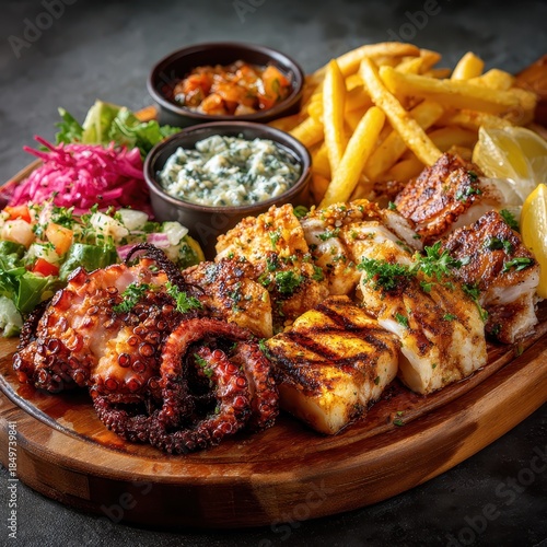 Grilled octopus and fish platter with fries and salads