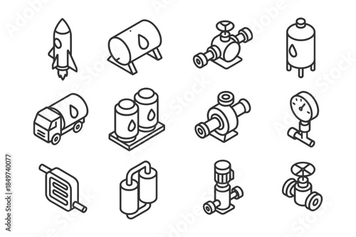 Isometric icons of industrial equipment and machinery components.