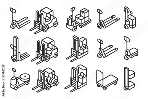 Set of isometric forklift and pallet jack icons in outline style.