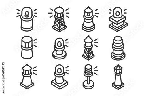 Set of twelve minimalist lighthouse icons with bold outlines.