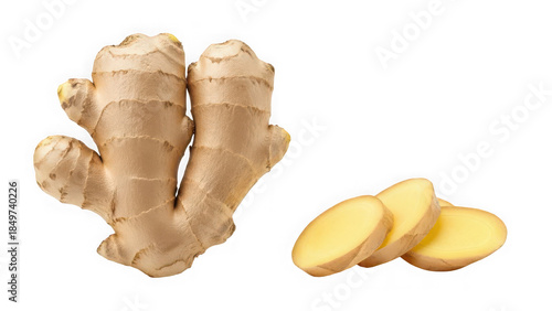 Fresh ginger root and slices isolated on transparent background