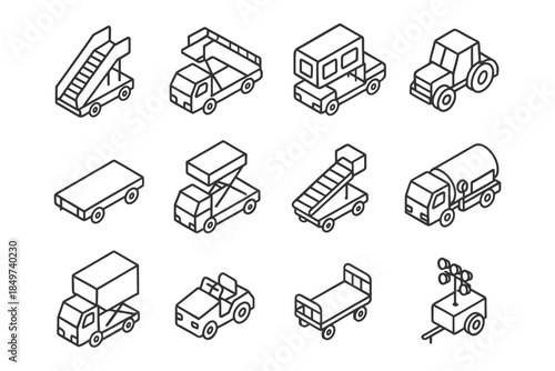 Set of twelve line art isometric airport and construction vehicles.