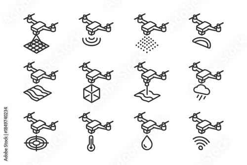 Line icons of drones with various functions and capabilities.