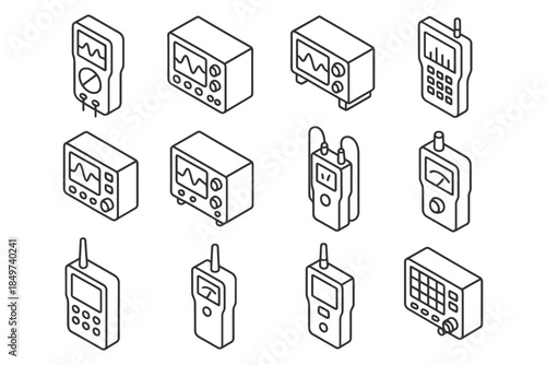 Isometric set of electronic measuring devices with various displays and interfaces.