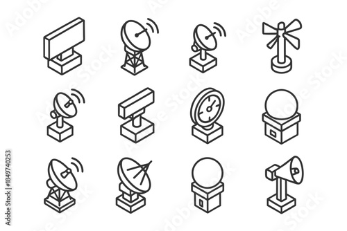 Set of twelve line art communication and weather icons with antennas and satellite dishes.