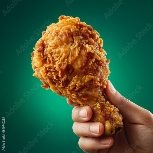 hand holding fried chicken on a green background.