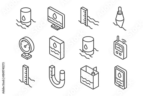 Isometric water level sensors and gadgets collection for monitoring systems.