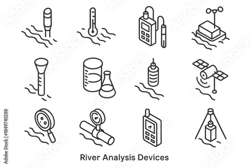 Isometric river analysis tools set: sensors and devices for environmental monitoring.