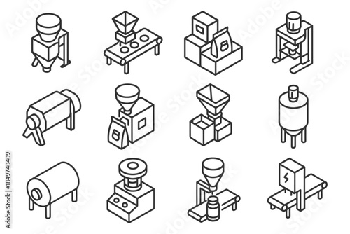 Isometric factory equipment icons: industrial machines and manufacturing tools.