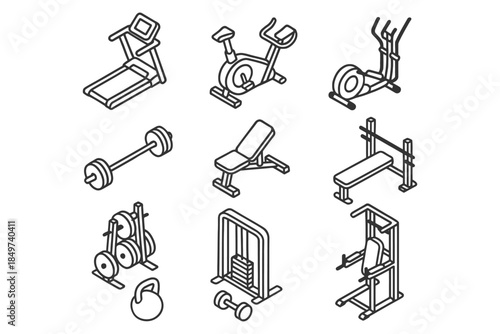 Isometric line art of various gym equipment: treadmill, exercise bike, dumbbells, weights, bench, kettlebell.