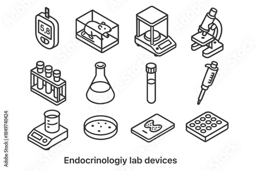 Endocrinology lab equipment icons: tools for scientific research and experimentation.