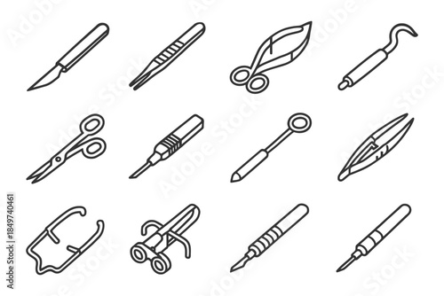 Surgical instruments line art collection with scalpels, scissors, and tweezers.