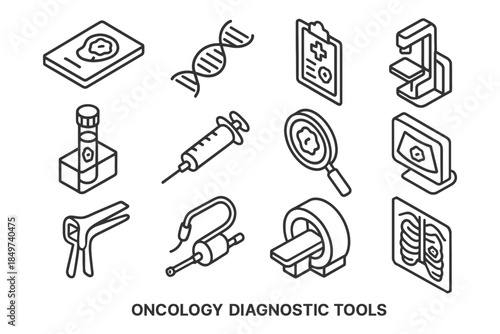 Oncology diagnostic tools: icons of microscope, syringe, test tube, dna, and scans.