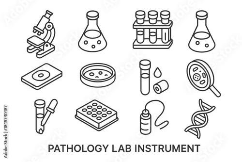 Pathology lab instruments: microscope, beakers, dna helix, test tubes, petri dish icons.