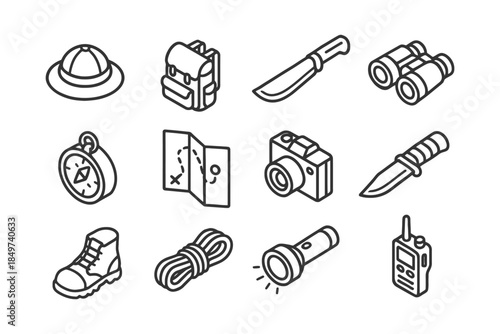 Camping and hiking gear icons: compass, backpack, camera, flashlight, knife, binoculars.