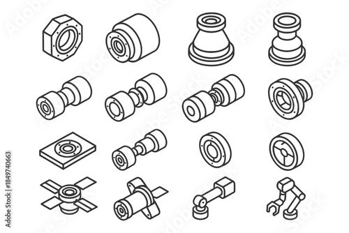Set of isometric mechanical parts and robotics components in outline style.