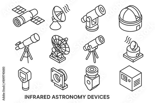 Collection of infrared astronomy devices line art illustrations.