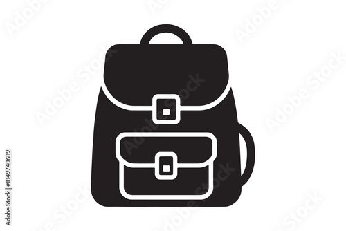 Black backpack icon with flap and pockets for travel or school use