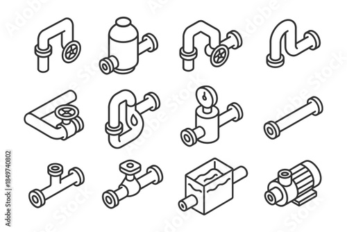 Plumbing components and valve set with pipes and water flow diagrams.