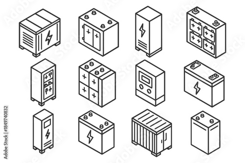 Isometric illustrations of various battery types and designs.