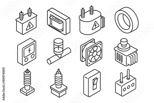 Isometric electrical components: transformers, meters, and switches in line art style.