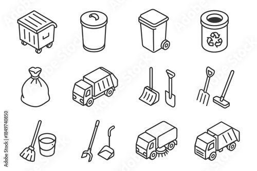 Outline icons of waste management tools and vehicles for recycling and disposal.