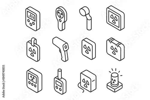 Isometric radiation detection icons set: geiger counters, alarms, dosimeters.