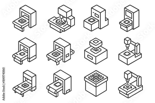 Isometric icons of semiconductor manufacturing equipment in linear style.
